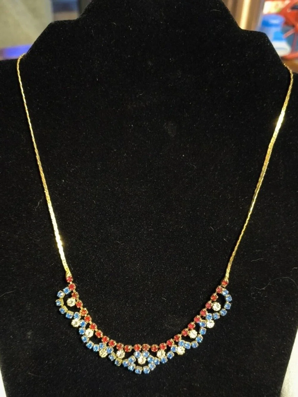 Vintage Gold-Tone Necklace with Red and Blue Rhinestone Accents